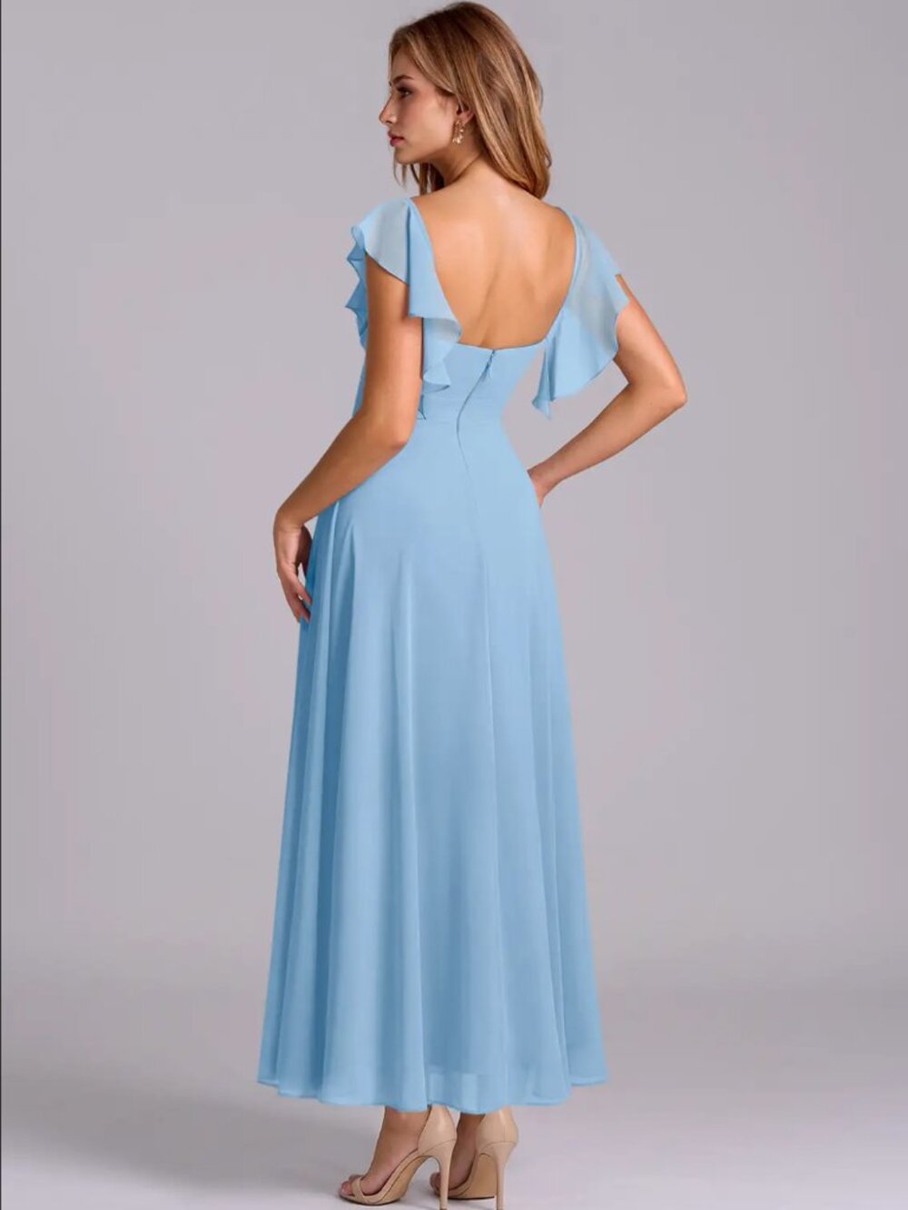 Azazie Leilani Powder Blue A-Line Ruched Chiffon Dress Size 8 - Picture 5 of 5